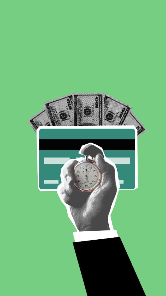 about-02 Illustration of cutout person hand timing stopwatch against credit card and cash money on green background